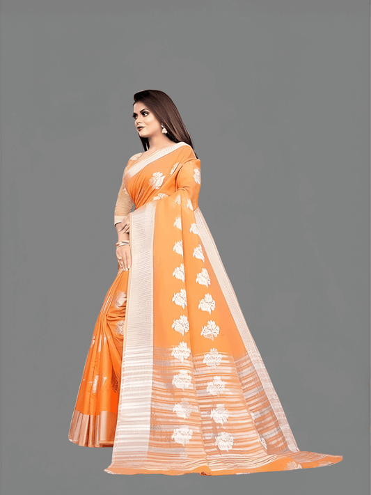 Close-up of intricate gold zari embroidery on orange cotton silk saree border