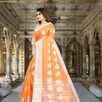 Intricate gold zari work on orange cotton silk saree border
