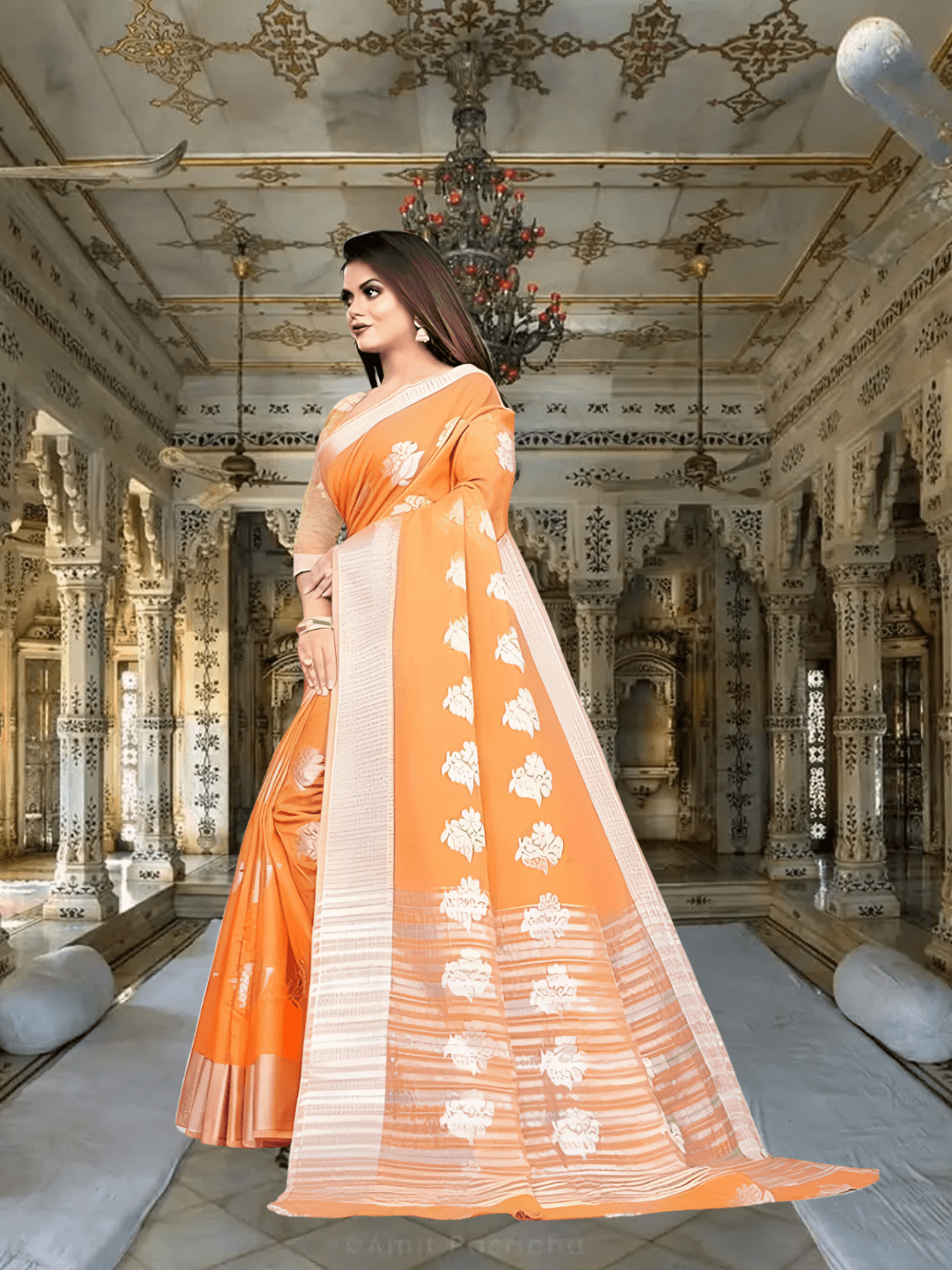 Intricate gold zari work on orange cotton silk saree border