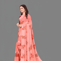 Peach satin patta floral saree glowing in natural light