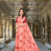 Peach satin patta floral saree glowing in natural light