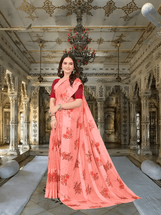 Peach satin patta floral saree glowing in natural light