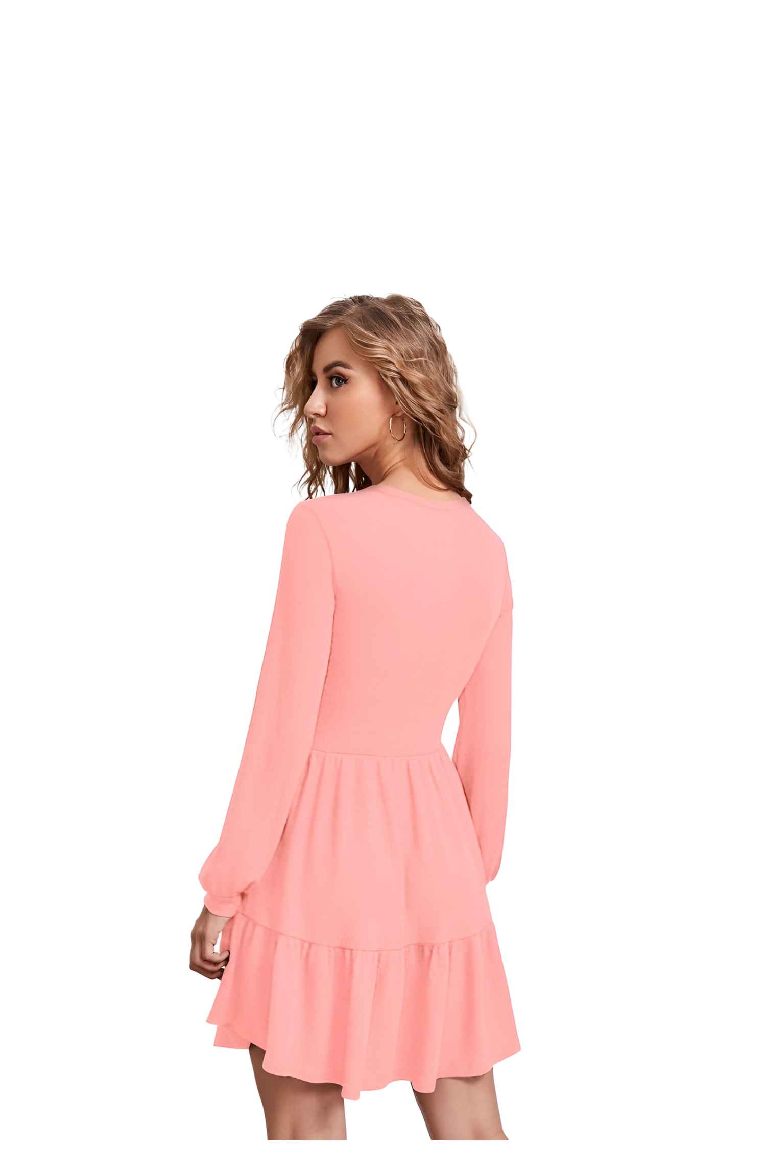  Back view with no background highlighting the simplicity and charm of the Peach Serenade dress