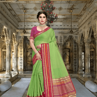 Side pose with soft drape, border glinting in gold-red-green accents