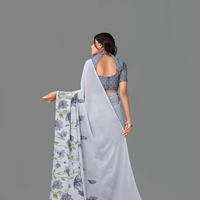 White floral georgette saree with grey blouse fabric – pure white backdrop