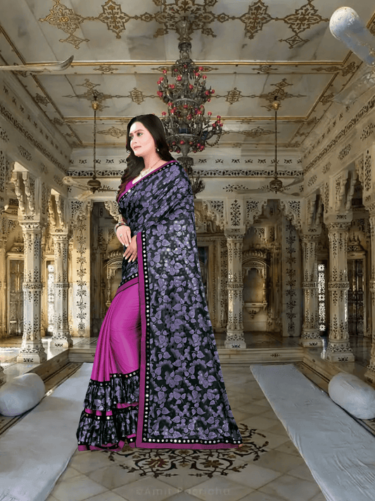 Pink-navy lycra saree in motion, grey butterflies appearing to take flight