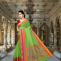 Back angle showing full pallu fall with pink accents glowing in natural light