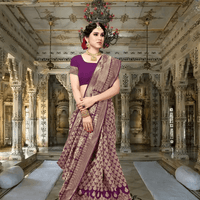 Back pose showcasing rich borders and saree drape, blending into royal ambience
