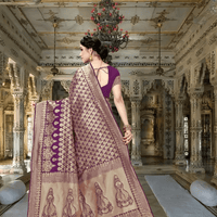 Close-up of intricate gold motifs on jamun silk, radiating regality