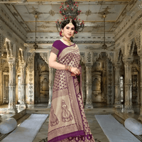 Saree in motion under vintage chandeliers, highlighting gold-threaded patterns
