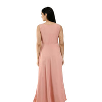  Back studio view of peach full-length women’s gown