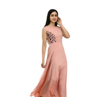  Left side studio image of CELESTINA peach sleeveless gown