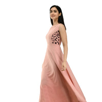  Right studio angle of light peach crepe full-length gown