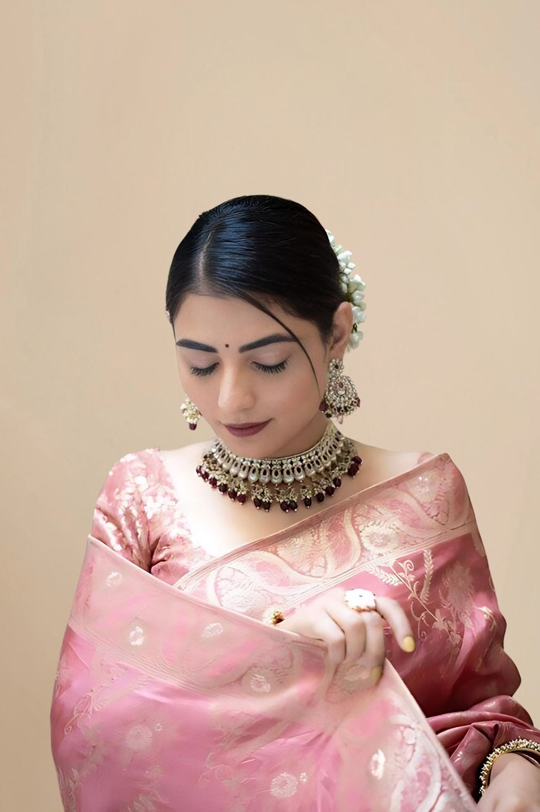  Front studio view with full saree layout and blouse pairing