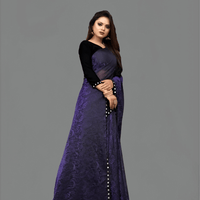 Purple floral Lycra office saree - wrinkle-free stretchable workwear with cutwork design