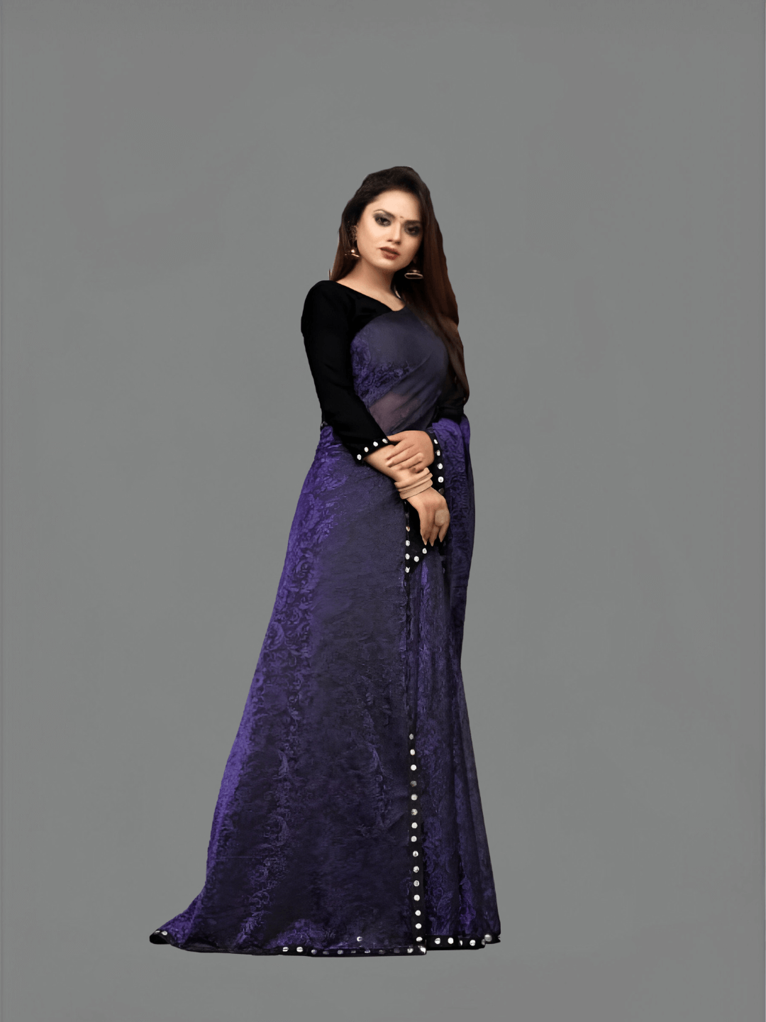 Purple floral Lycra office saree - wrinkle-free stretchable workwear with cutwork design
