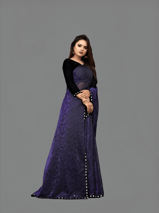 Purple floral Lycra office saree - wrinkle-free stretchable workwear with cutwork design