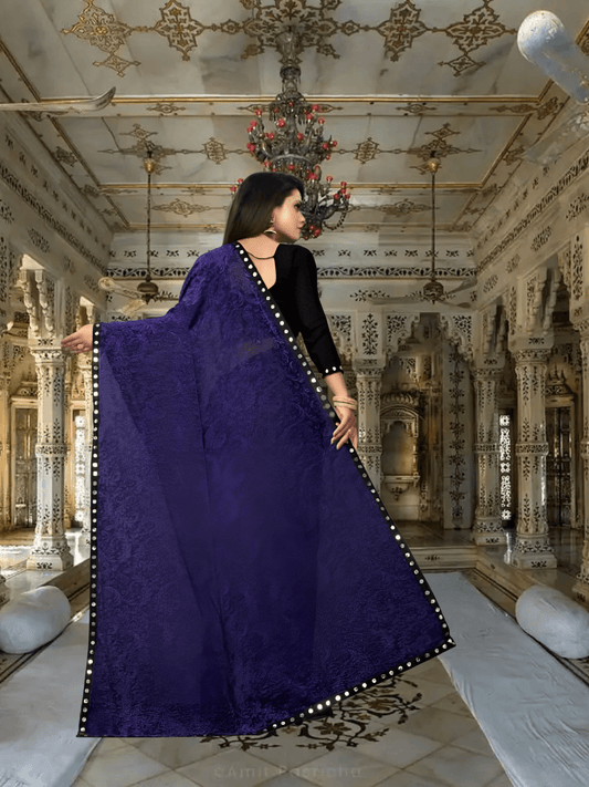 Purple floral Lycra office saree - wrinkle-free stretchable workwear with cutwork design