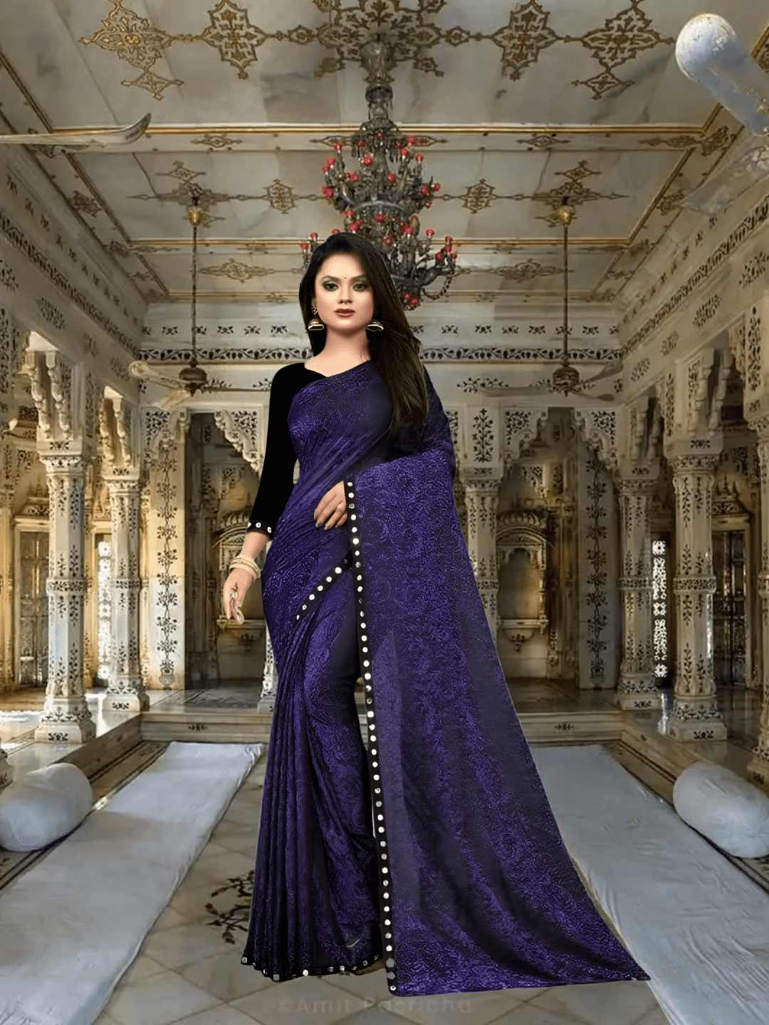 Young professional wearing purple floral Lycra saree for corporate meetings