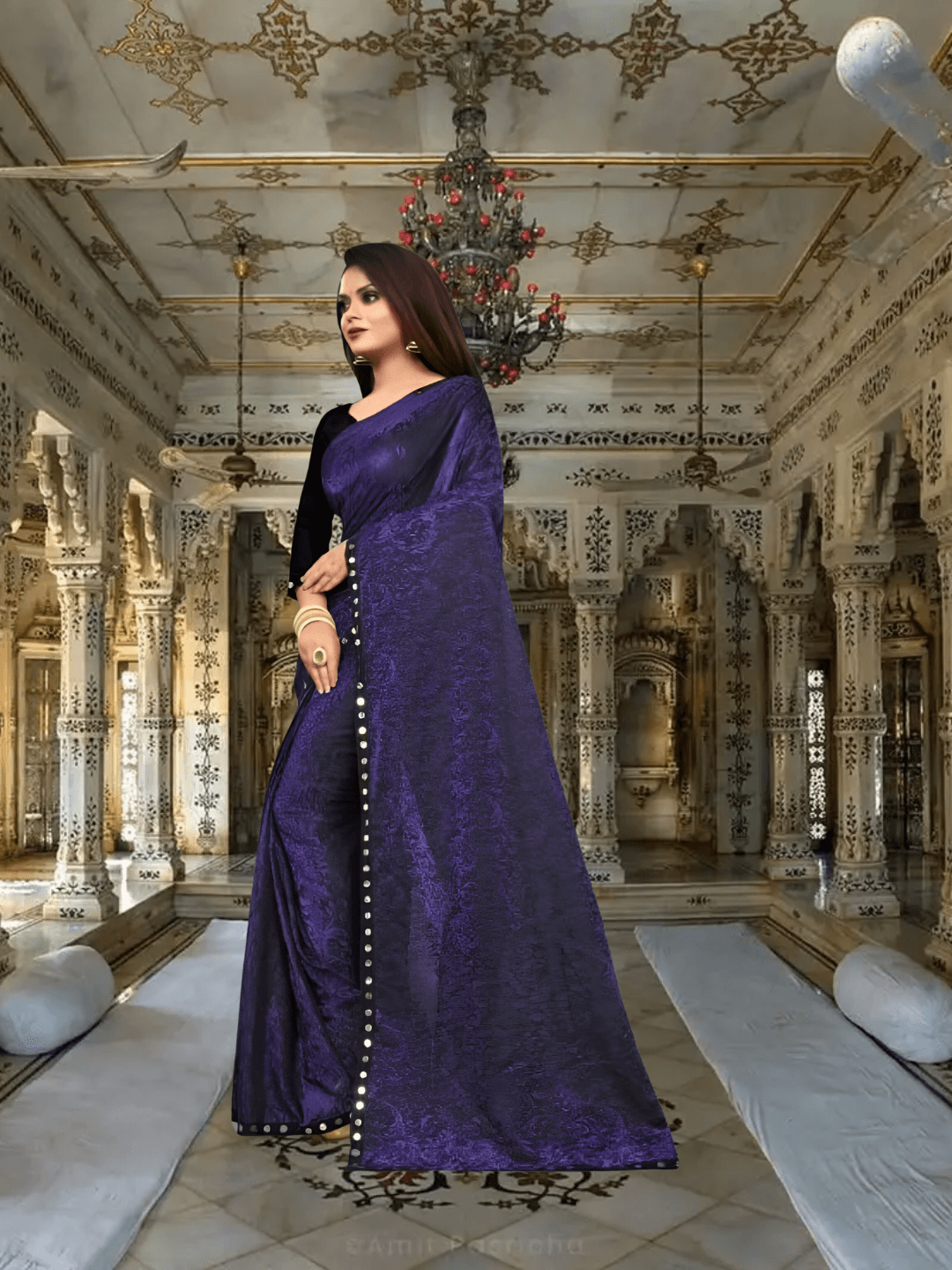 Close-up of premium Lycra fabric with floral cutwork - wrinkle-resistant office wear