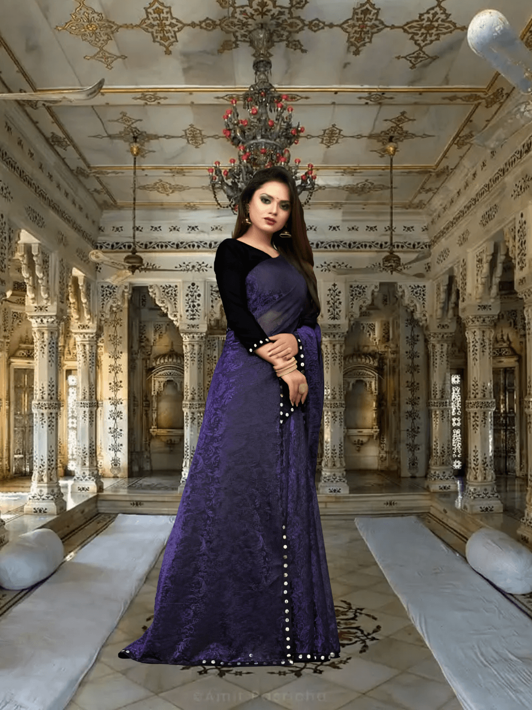 Stylish purple floral Lycra saree in office setting - elegant professional attire