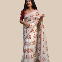Studio front view of white-orange silk printed saree