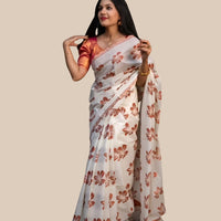 Studio front view of white-orange silk printed saree