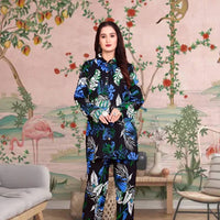 Front view of black printed rayon co-ord set with mandarin collar