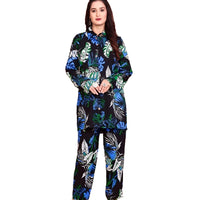 Front view of black printed rayon co-ord set with mandarin collar