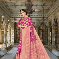 Intricate gold zari border design on wine purple Banarasi silk fabric