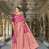 Model wearing wine purple Banarasi silk saree with gold border in palace setting