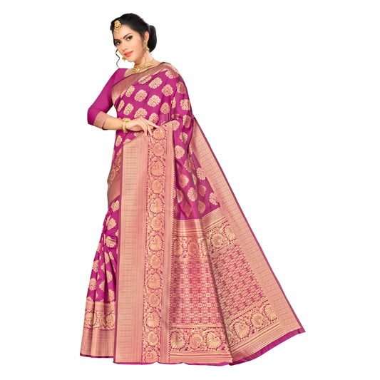 Zoomed-in view of detailed gold motif work on wine silk saree