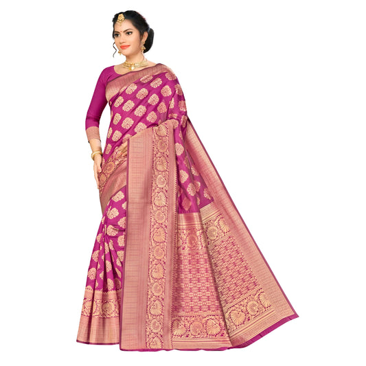 Tassel detailing at edge of wine purple Banarasi silk saree in studio lighting