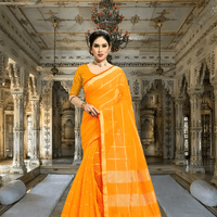 Model mid-walk through arched hallway, checkered patterns glistening in natural light