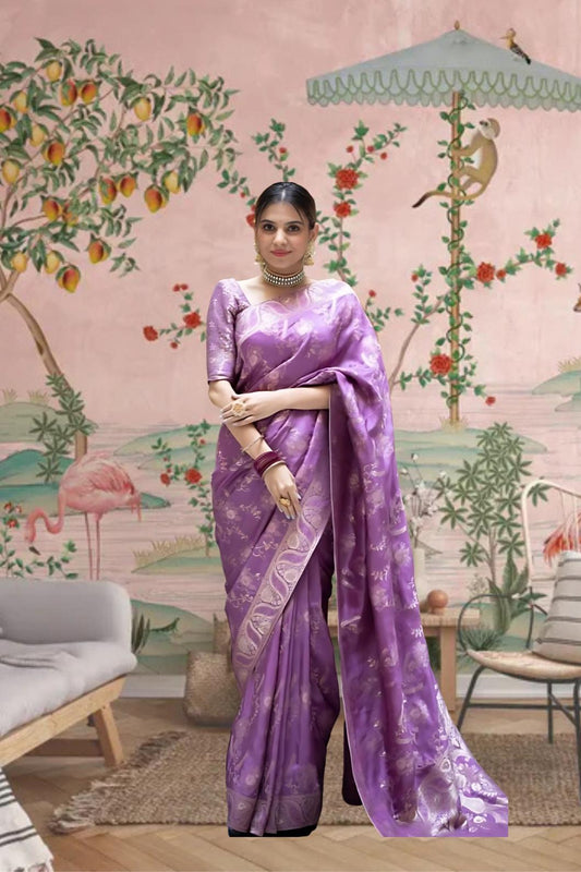  Front view in lavender art silk against royal backdrop