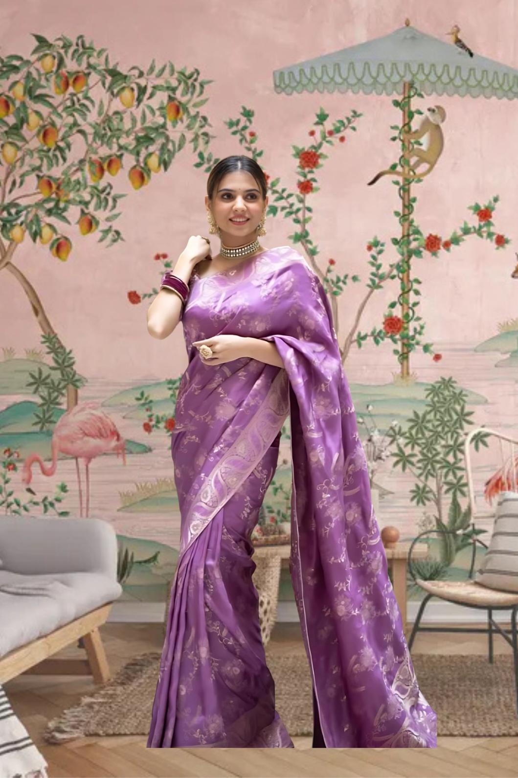 Front view in lavender art silk against royal backdrop