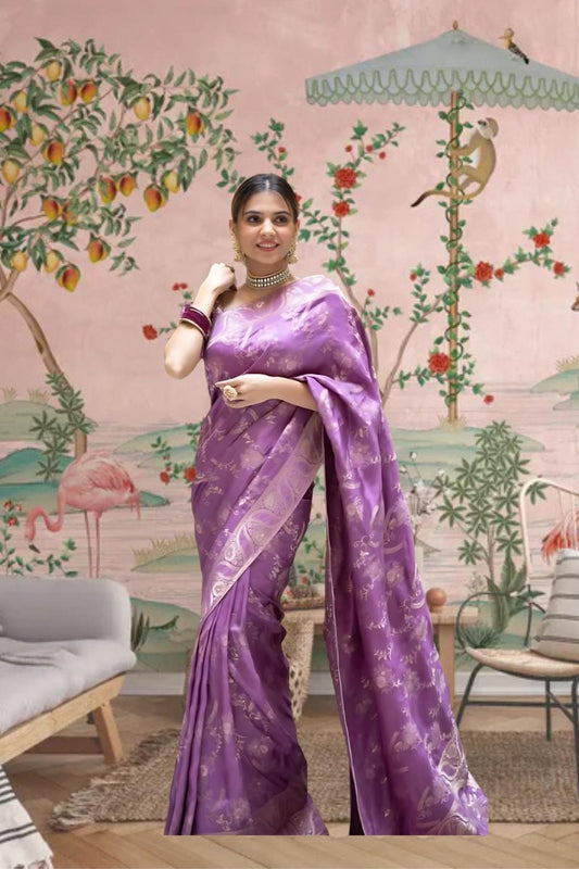  Front view in lavender art silk against royal backdrop