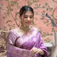 Front view in lavender art silk against royal backdrop