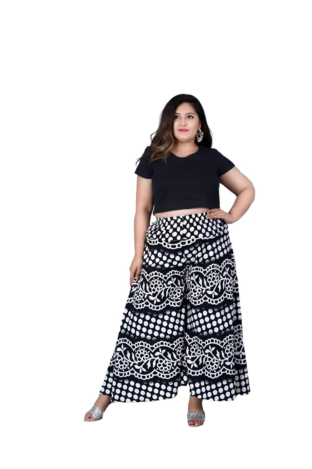  Isolated front view of flared black cotton palazzo