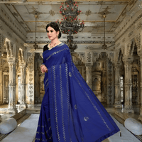 Navy blue Vichitra silk saree with stitched detailing displayed in regal standing pose