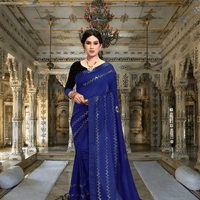 Zoomed-in look at stitched motifs on rich Vichitra silk fabric