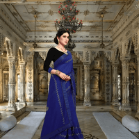 Zoomed-in look at stitched motifs on rich Vichitra silk fabric