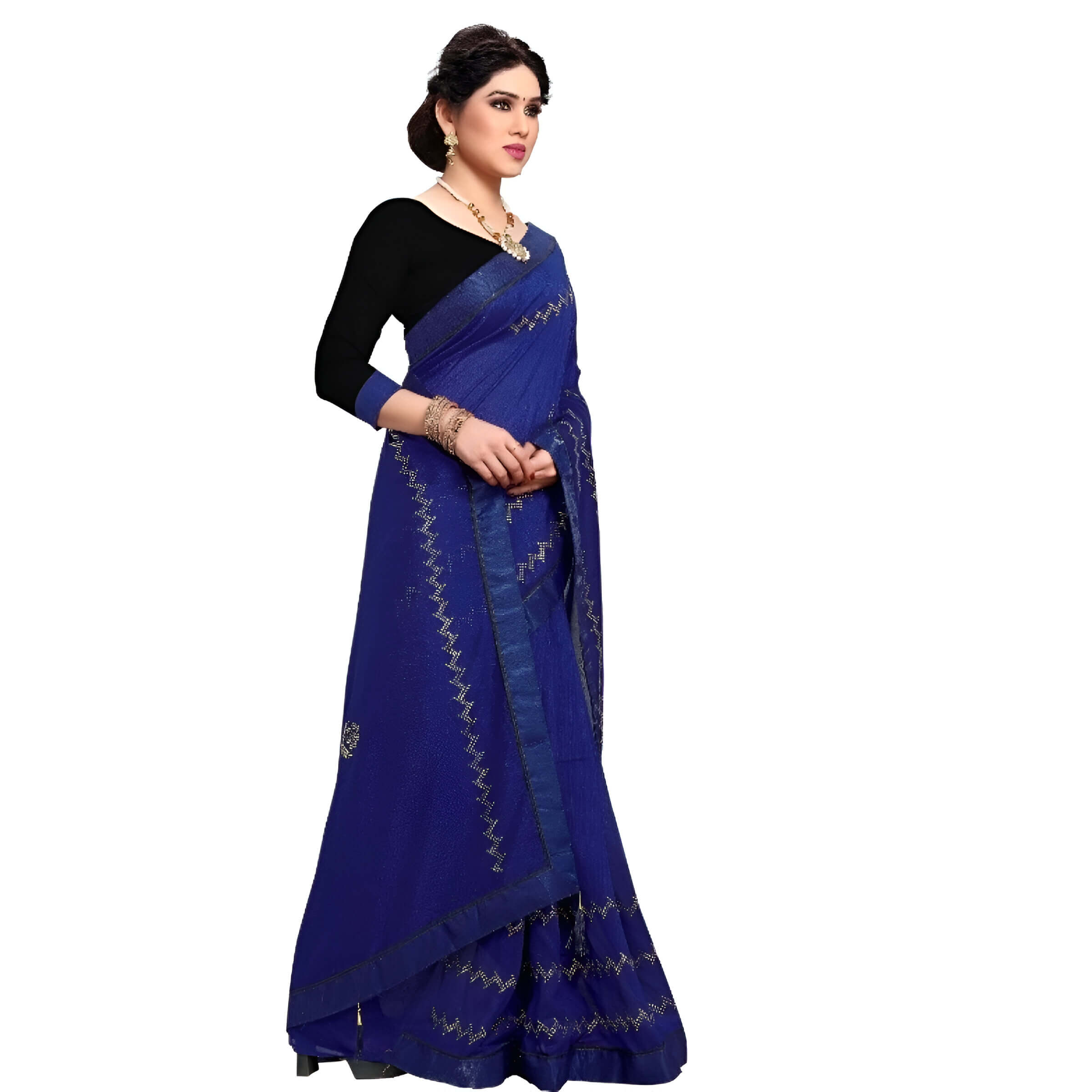 Studio shot of navy Vichitra silk saree showing stitched accents and elegant pleats