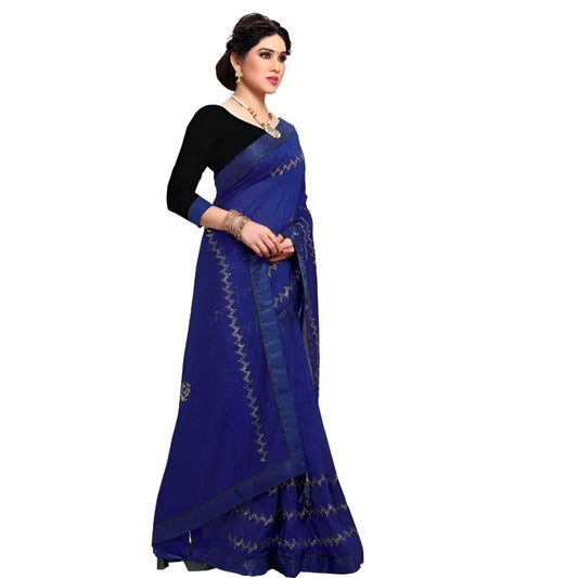 Studio shot of navy Vichitra silk saree showing stitched accents and elegant pleats