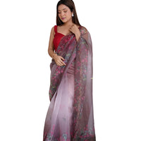Front angle of wine colored organza saree with floral prints