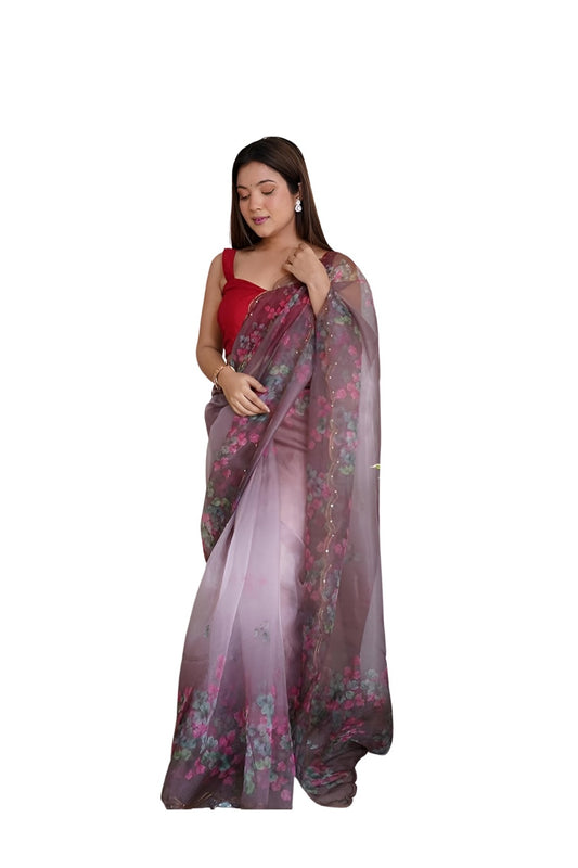 Front angle of wine colored organza saree with floral prints
