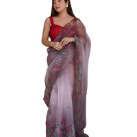 Front angle of wine colored organza saree with floral prints