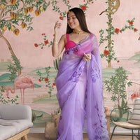 Front view of CELESTINA purple organza saree in royal palace setting