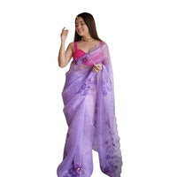 Studio front view of CELESTINA purple organza printed saree