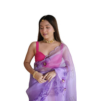 Studio front view of CELESTINA purple organza printed saree